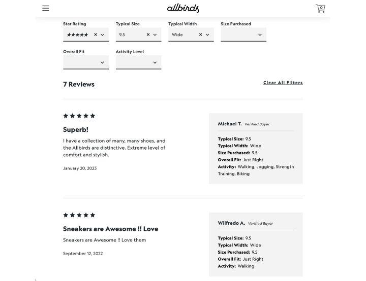 allbirds.com shows reviews as "social proof" to their customers
