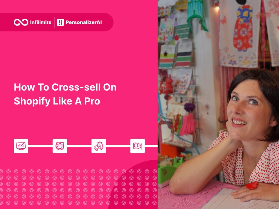 Pink background with a photo of woman smiling and sitting in her craft store