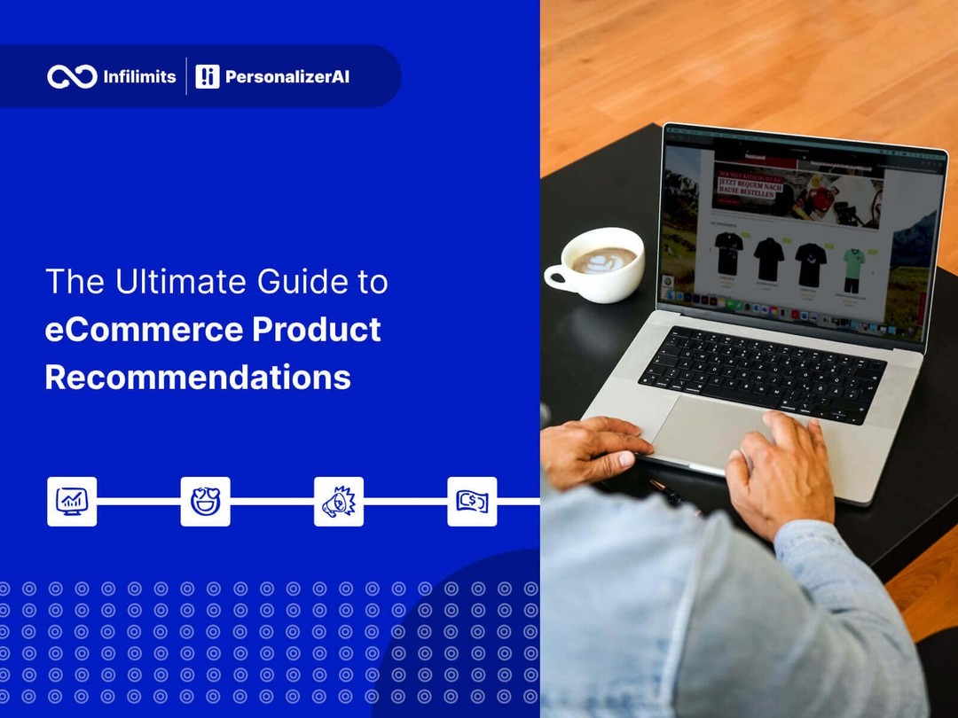 Blue background with text "The Ultimate Guide to eCommerce Product Recommendations"